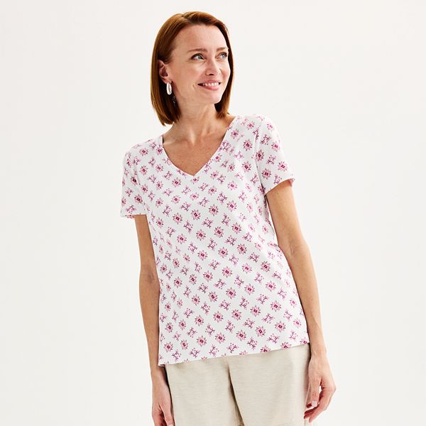 Women's Croft & Barrow&reg; Essential V-Neck Tee - Pink Floral Tile (SMALL)