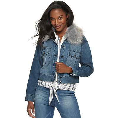 Jean jacket with fur hood best sale