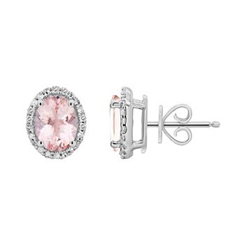 Sterling Silver Oval Morganite 1/5 Carat T.W. Diamond Halo Stud Earrings