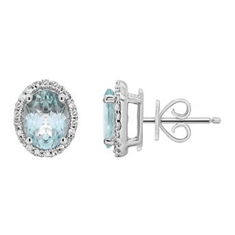Sterling Silver Oval Aquamarine 1/5 Carat T.W. Diamond Halo Stud Earrings