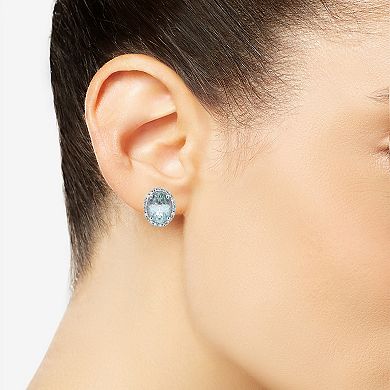 Sterling Silver Oval Aquamarine 1/5 Carat T.W. Diamond Halo Stud Earrings