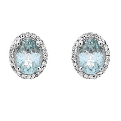 Sterling Silver Oval Aquamarine 1/5 Carat T.W. Diamond Halo Stud Earrings