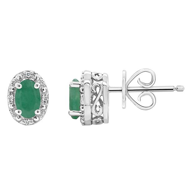 Sterling Silver Genuine Emerald And Diamond Post Earrings