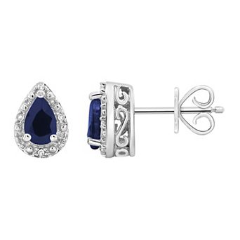 Celebration Gems Sterling Silver Pear-Shaped Genuine Sapphire Diamond Accent Stud Earrings