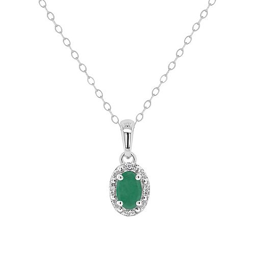 Sterling Silver Oval Genuine Emerald Diamond Accent Frame Pendant Necklace