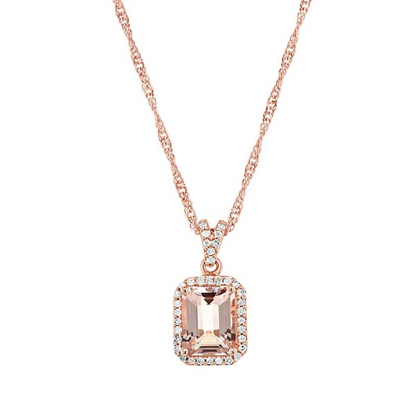 Sterling Silver Emerald Cut Morganite 1/6 Carat T.W. Diamond Halo ...