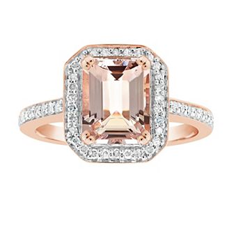 Celebration Gems 14k Rose Gold Over Silver Emerald Cut Morganite & 1/4 Carat T.W. Diamond Halo Ring