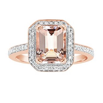 Celebration Gems 14k Rose Gold Over Silver Emerald Cut Morganite & 1/4 Carat T.W. Diamond Halo Ring