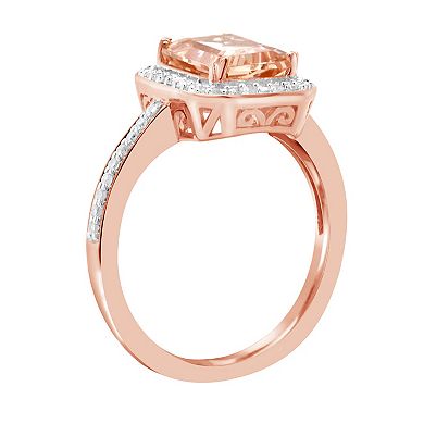 Celebration Gems 14k Rose Gold Over Silver Emerald Cut Morganite & 1/4 Carat T.W. Diamond Halo Ring