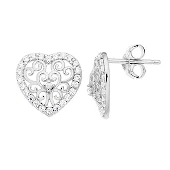 Sophie Miller Sterling Silver Cubic Zirconia Filigree Heart Earrings