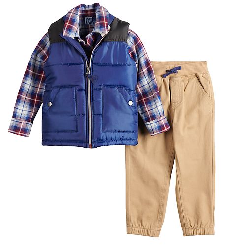 Toddler Boy Little Lad Vest, Plaid Shirt & Jogger Pants Set
