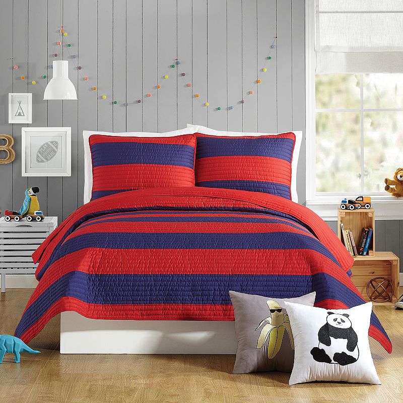 3Pc Full/Queen Lavelle Kids' Quilt Set Red - Urban Playground: Rugby Stripe Bedding, Polyester, Teen & Kids, Machine Washable