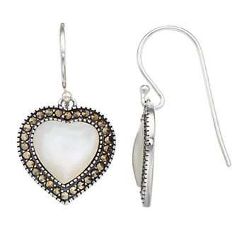 Tori Hill Genuine Marcasite & Mother of Pearl Heart Drop Earrings