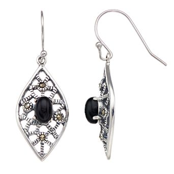 Tori Hill Genuine Marcasite & Onyx Filigree Marquise Earrings