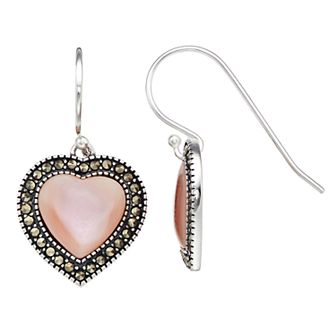 Tori Hill Genuine Marcasite & Pink Shell Heart Dangle Earrings