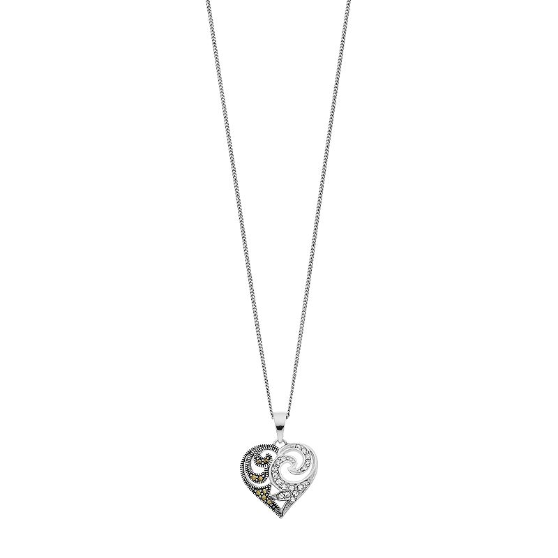 Tori Hill Marcasite & Crystal Black & White Heart Pendant Necklace, Women