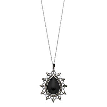 Tori Hill Genuine Marcasite & Onyx Ornate Teardrop Pendant with Chain Necklace