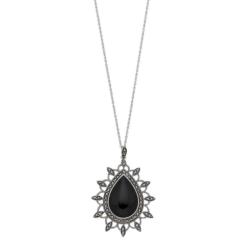 Tori Hill Marcasite & Onyx Ornate Teardrop Pendant Necklace, Womens, Size