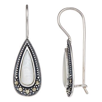 Tori Hill Marcasite & Mother of Pearl Long Teardrop Drop Earrings