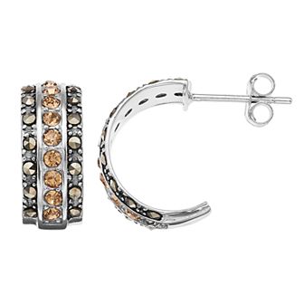 Tori Hill Sterling Silver Marcasite & Champange Crystal C Hoop Earrings