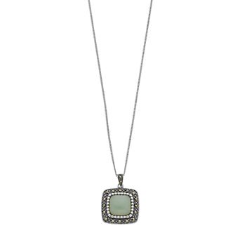 Tori Hill Sterling Silver Marcasite & Jade Square Pendant Necklace