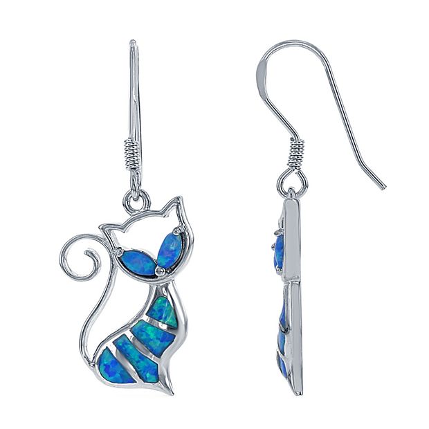 Sterling Silver Blue Opal Cat Drop Earrings