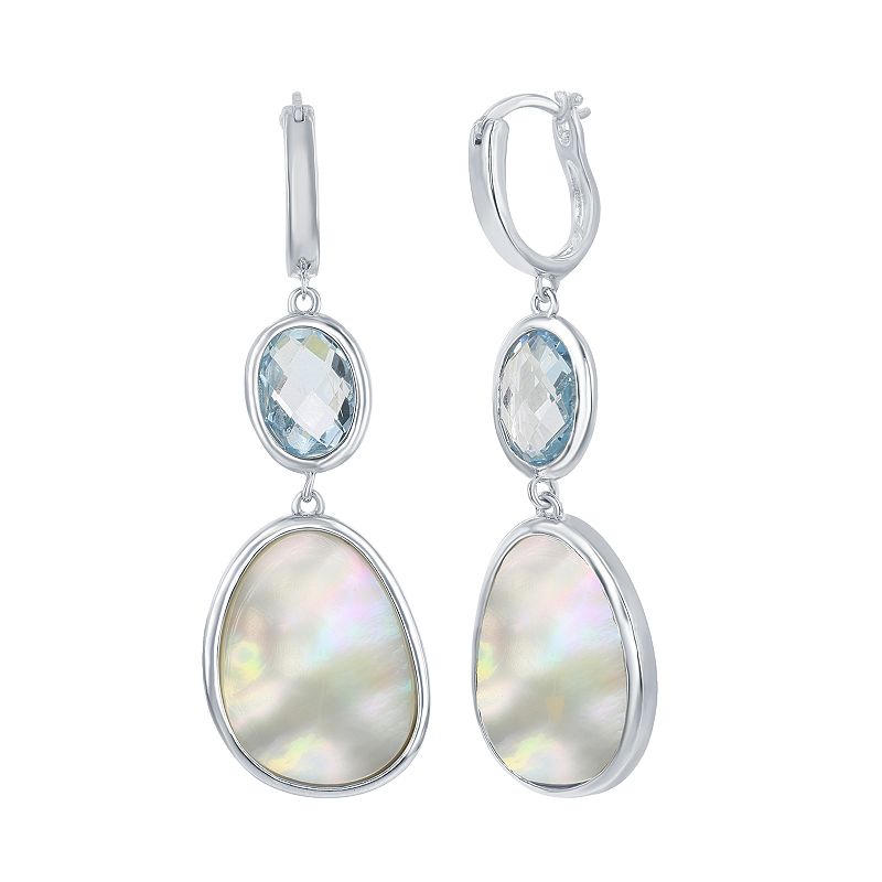 Sterling Silver Blue Topaz & Mother of Pearl Oval Drop Earrings, Womens, M