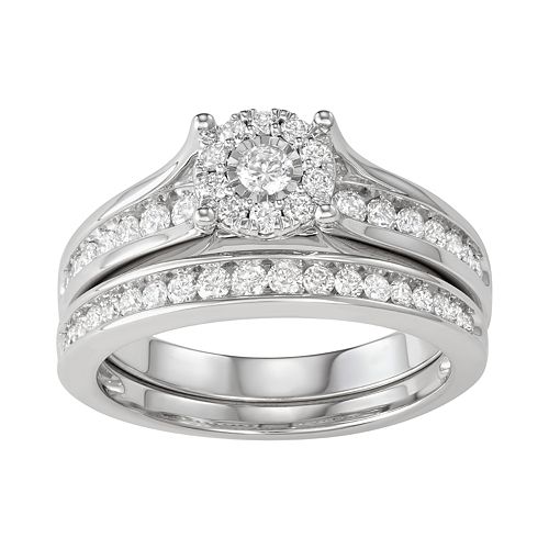 10k White  Gold  3 4 ct T W Diamond Engagement  Ring  Set