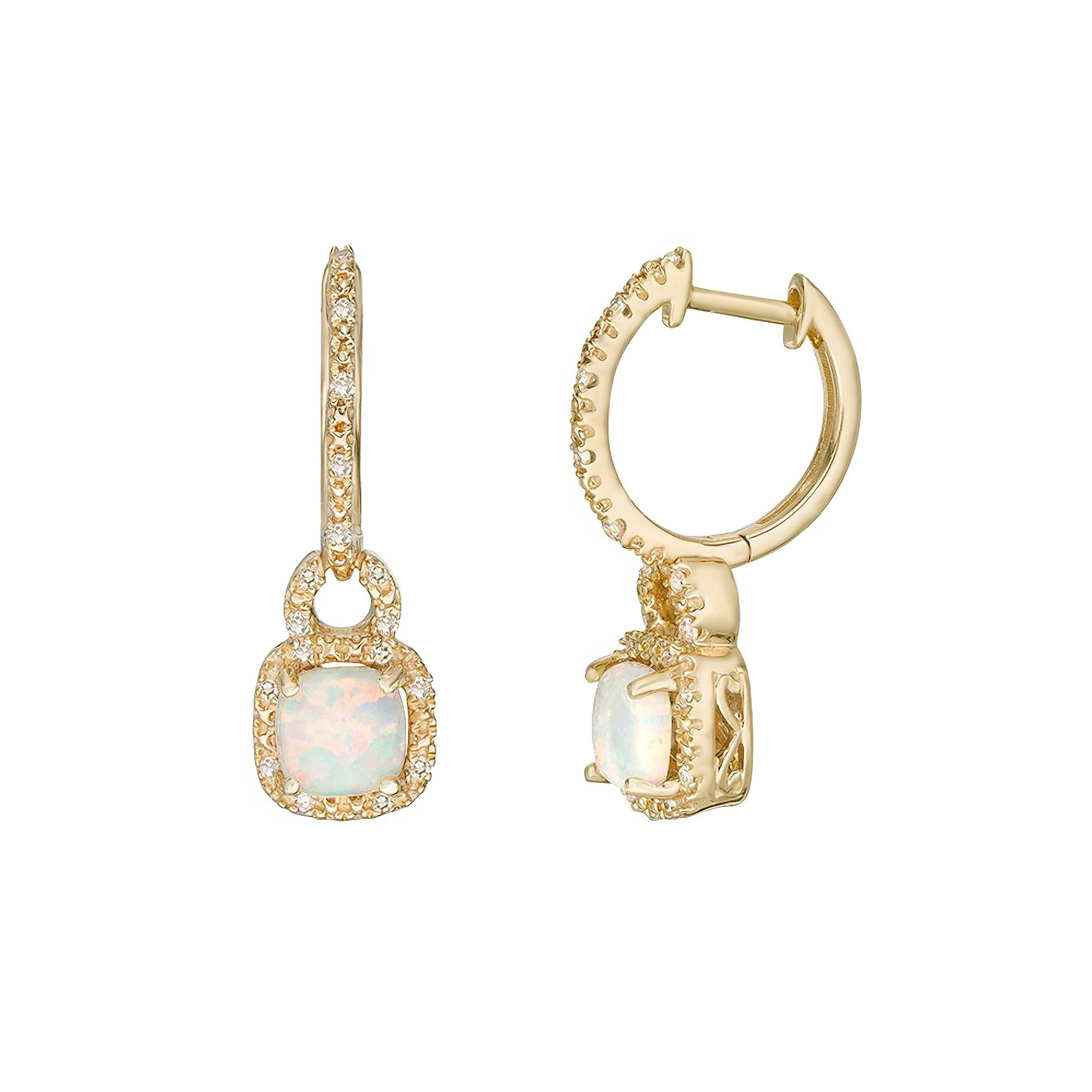 Gemminded 10k Gold Opal 1/7 Carat T.W. Diamond Hoop Drop Earrings, Womens