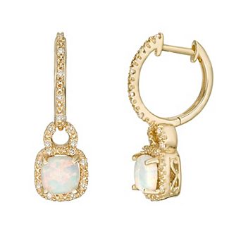 Gemminded 10k Gold Opal 1/7 Carat T.W. Diamond Hoop Drop Earrings