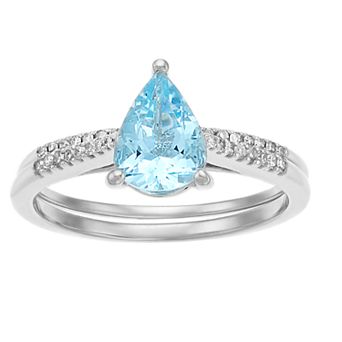Gemminded 10k White Gold Pear Aquamarine 1/7 Carat T.W. Diamond Ring
