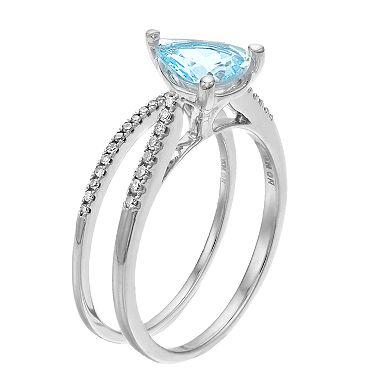 Gemminded 10k White Gold Pear Aquamarine 1/7 Carat T.W. Diamond Ring