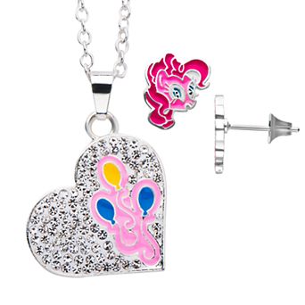 My Little Pony Pinkie Pie Silver Tone Heart with Cubic Zirconia Pendant Necklace and Stud Earring Set by Hasbro