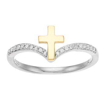10k Gold & Sterling Silver 1/10 Carat T.W. Diamond Cross Ring