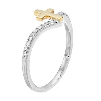 10k Gold & Sterling Silver 1/10 Carat T.W. Diamond Cross Ring