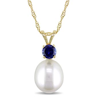 Stella Grace 14k Gold Freshwater Cultured Pearl and Sapphire Pendant Necklace