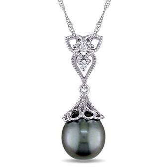 Stella Grace 14k White Gold Tahitian Cultured Pearl & Diamond Accent Vintage Drop Pendant