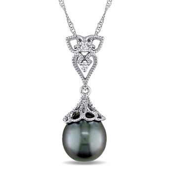 Stella Grace 14k White Gold Tahitian Cultured Pearl & Diamond Accent Vintage Drop Pendant