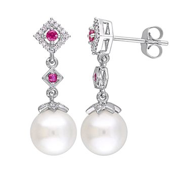 Stella Grace 10k White Gold Freshwater Cultured Pearl Ruby Drop Earrings