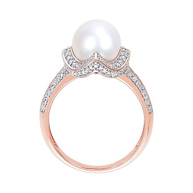 Stella Grace 10k Rose Gold Freshwater Cultured Pearl 1/4 Carat T.W. Diamond Vintage Halo Ring