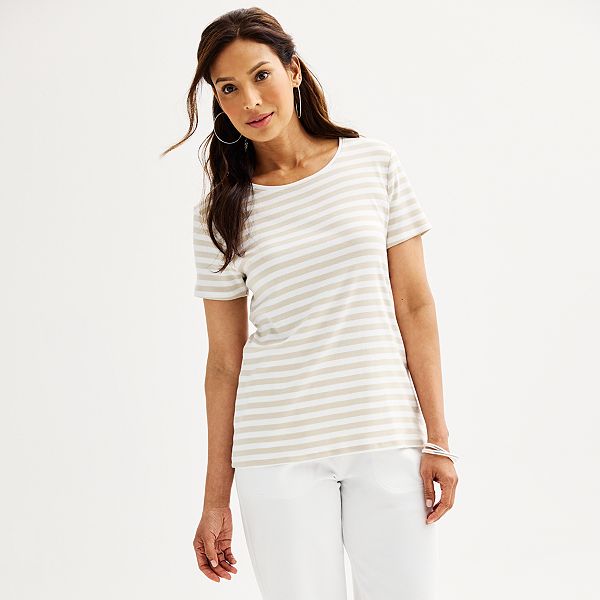 Women's Croft & Barrow&reg; Essential Crewneck Tee - Tan Classic Stripe (SMALL)