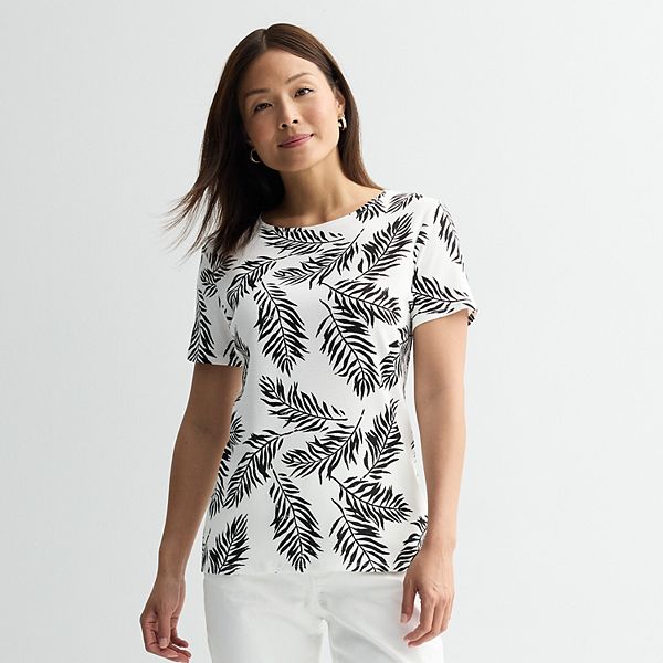 Women's Croft & Barrow® Essential Crewneck Tee - White Romantic Palm (X SMALL)