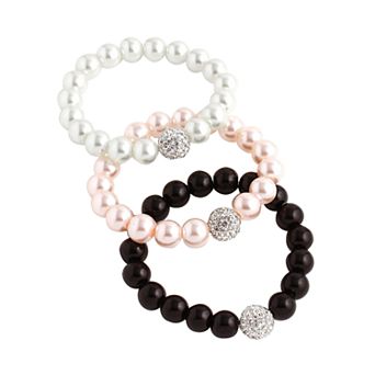 Crystal Bead Cultured Pearl Stretchy 3 pc Bracelet Set