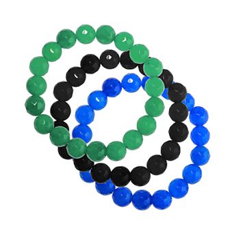 Green Blue Black Faceted Agate Stretchy 3 pc Bracelet Set