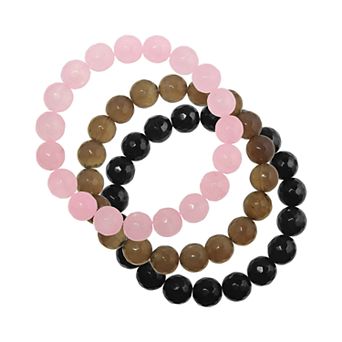 Black Gray Pink Faceted Agate Stretchy 3 pc Bracelet Set