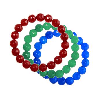 Blue Green Red Faceted Agate Stretchy 3 pc Bracelet Set