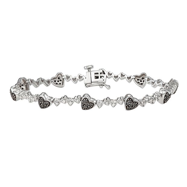 Heart Bracelet Black/White Diamonds Sterling Silver