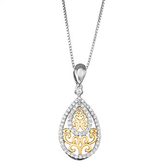 HDI Two Tone Sterling Silver 1/4 Carat T.W. Diamond Teardrop Pendant