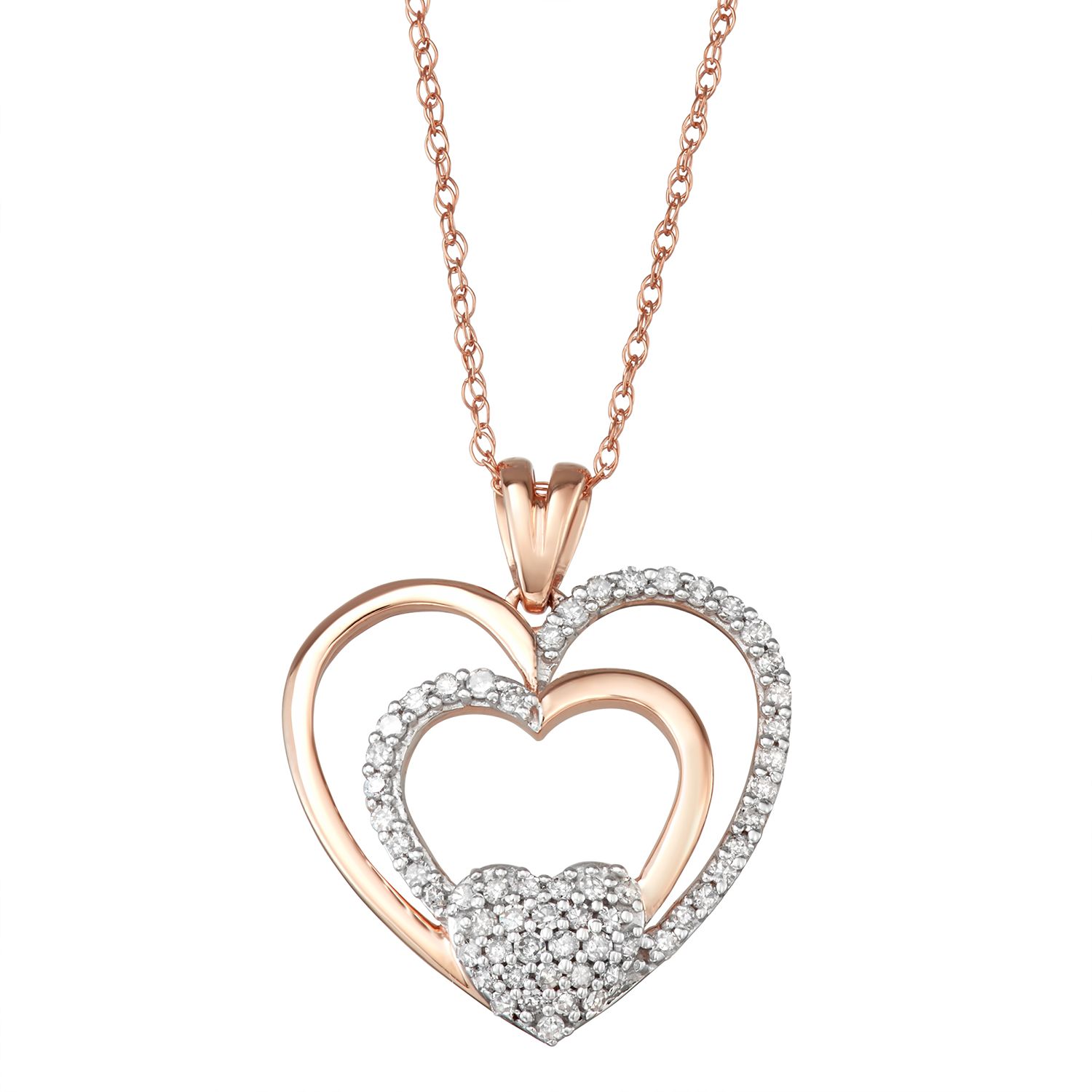 10K Rose Gold 3 Stone Diamond Heart Pendant - 0.15 CTW White Diamonds, Dainty Necklace Charm