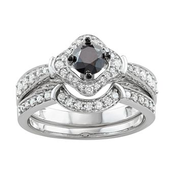 HDI 14k White Gold 1 Carat T.W. Black & White Diamond Engagement Ring Set